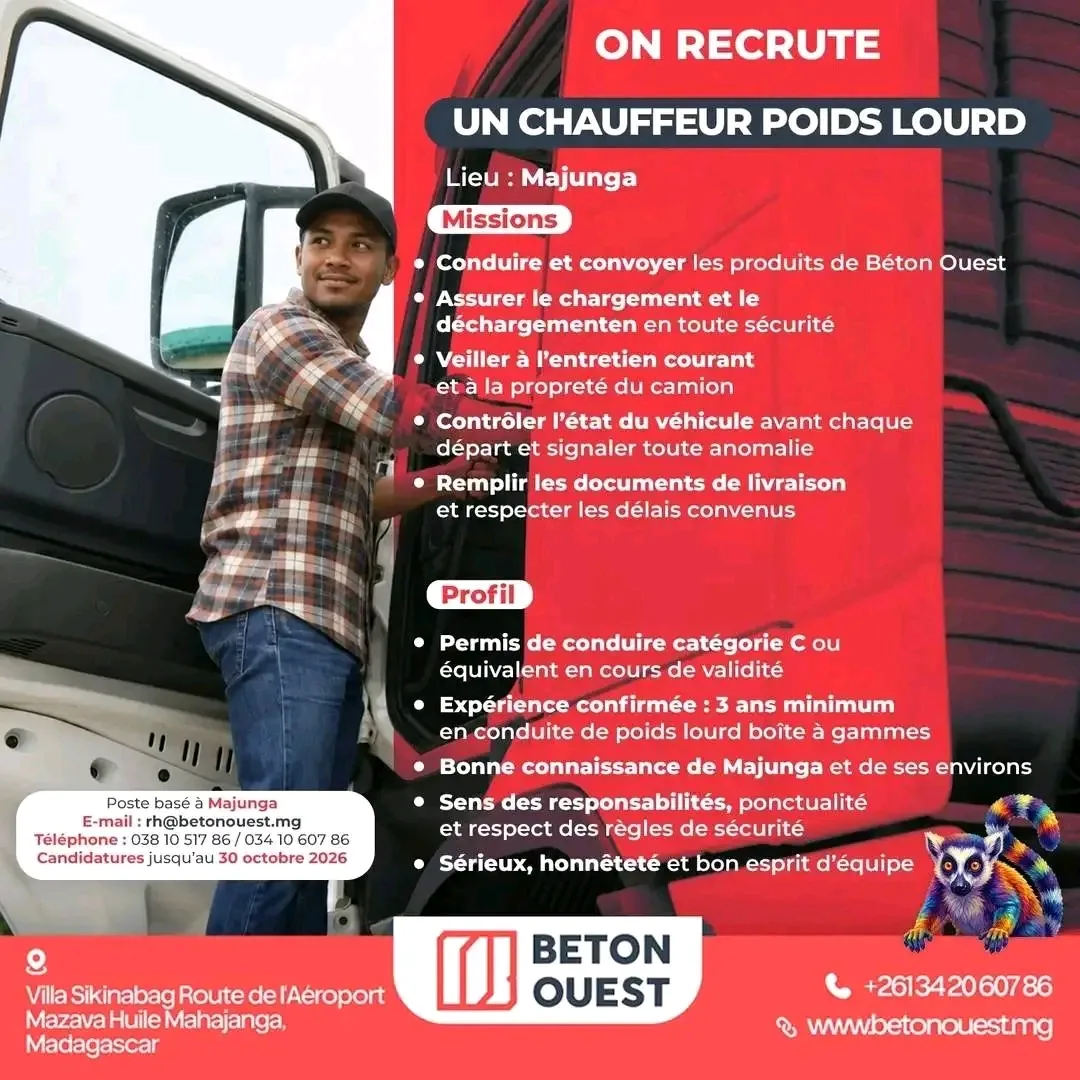 📢 MITADY MPIASA: CHAUFFEUR POIDS LOURD (H/F) – MAJUNGA — photo 1